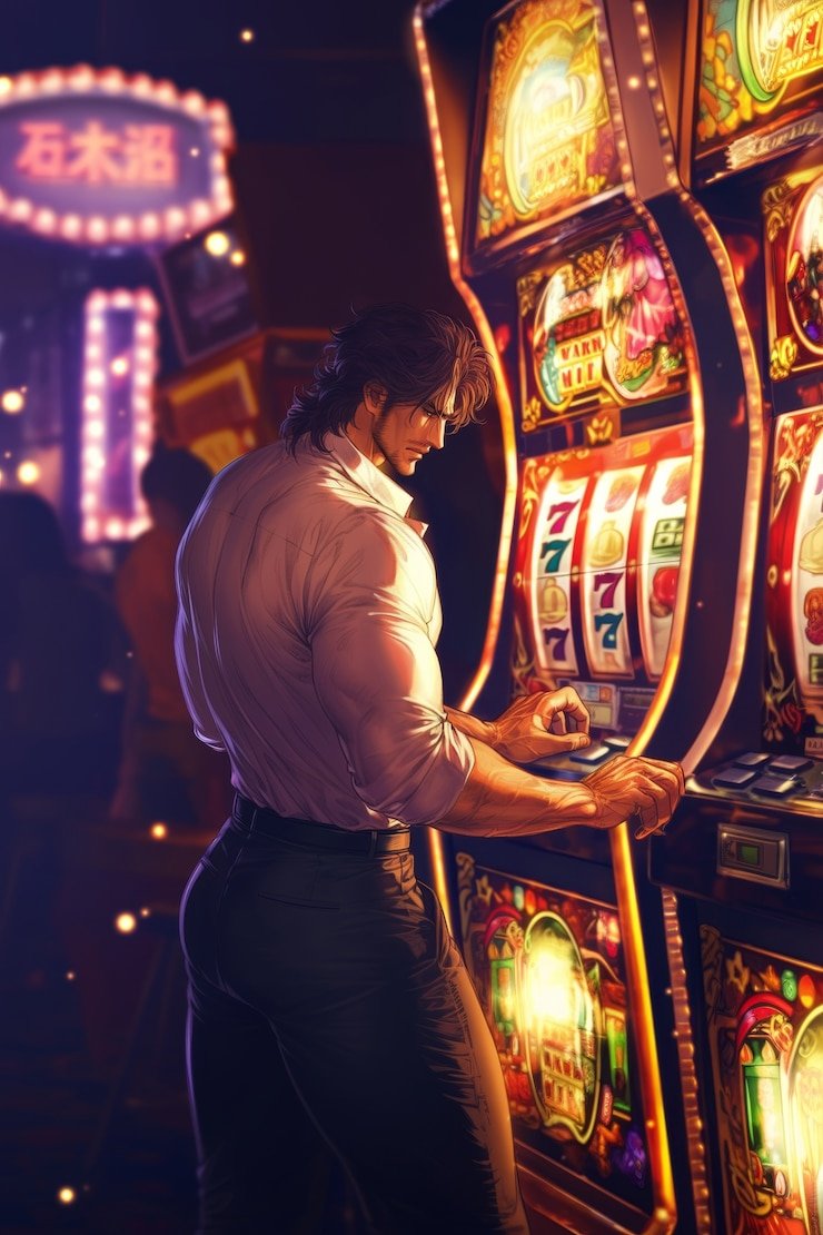 Slot game interface on mobile phone showing reels and bet controls